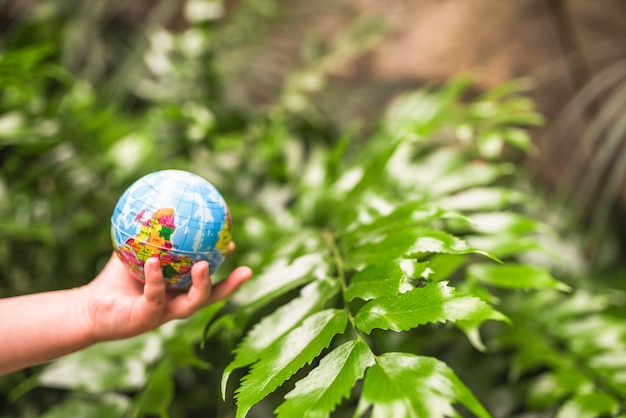 Photo gratuite gros plan, de, main enfant, tenue, boule globe, devant, plante