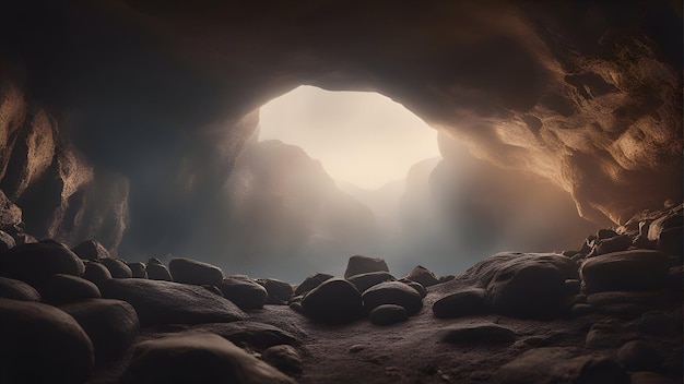 Photo gratuite grotte souterraine avec des rochers et de la lumière traversant le trou rendu 3d