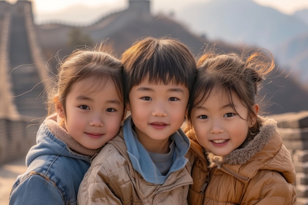 Photo gratuite un groupe de jeunes amis visitant la grande muraille de chine