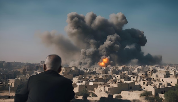 Photo gratuite un homme est assis au sommet d'une colline et regarde une énorme explosion.