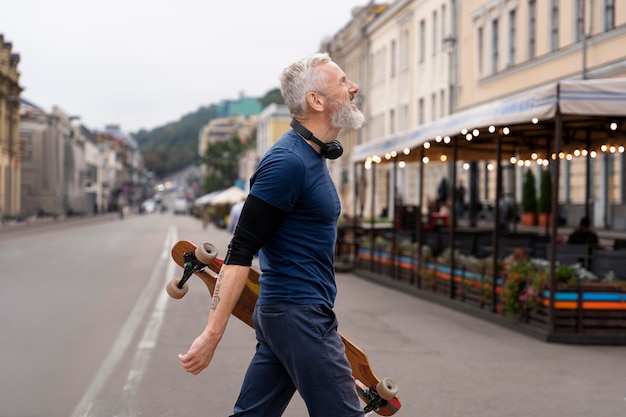 Photo gratuit homme mûr avec planche à roulettes de mobilité durable