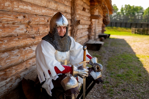 Photo gratuite un homme de taille moyenne se faisant passer pour un soldat médiéval.