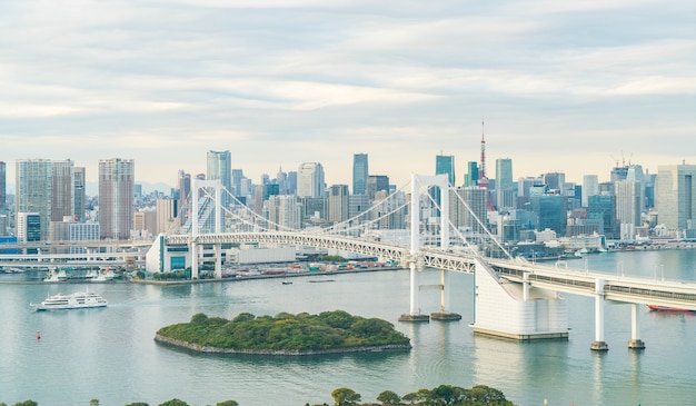 Photo gratuite horizon de tokyo avec la tour de tokyo et le pont arc-en-ciel.