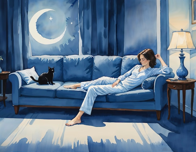 Photo gratuite illustration d'une femme et de son chat de compagnie