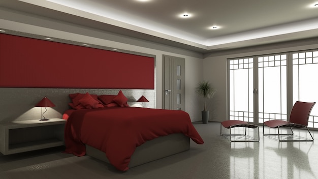 Photo gratuit intérieur de chambre à coucher moderne 3d