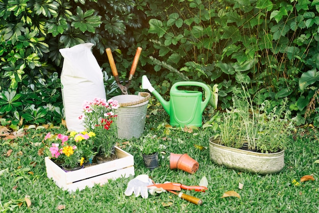 Photo gratuite inventaire de jardinage avec des pots de fleurs sur l'herbe