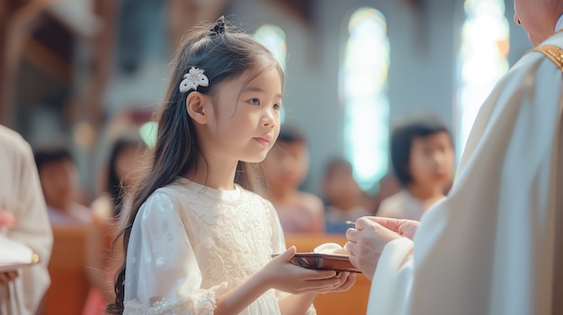 Photo gratuite une jeune fille à l'église fait sa première communion.