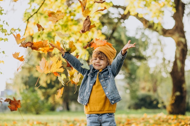 Joli garçon jouant avec des feuilles en automne parc