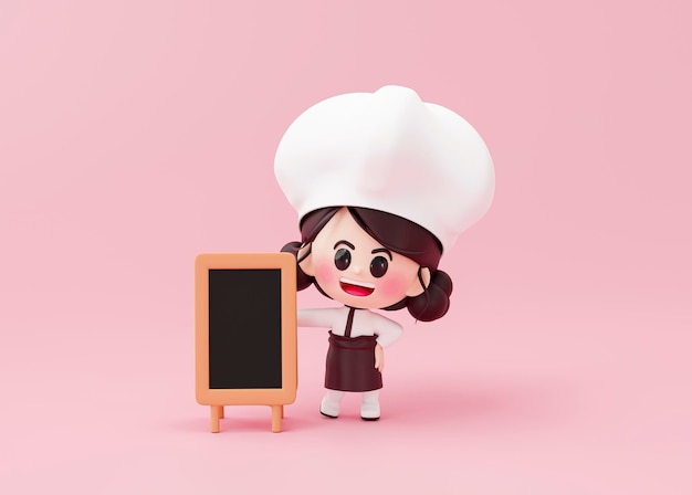 Photo gratuite jolie fille chef en uniforme debout avec signe de tableau noir ouvert ou menu mascotte de cuisinier de restaurant sur fond rose rendu 3d