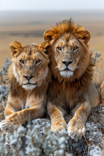 Photo gratuite le lion dans le paysage de la forêt sèche