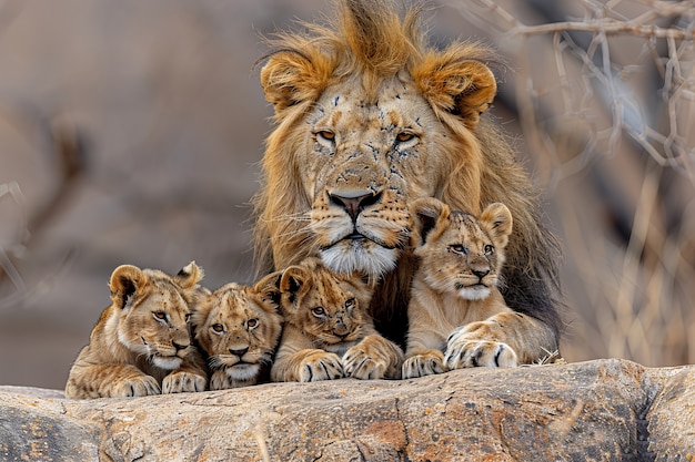 Photo gratuite le lion dans le paysage de la forêt sèche