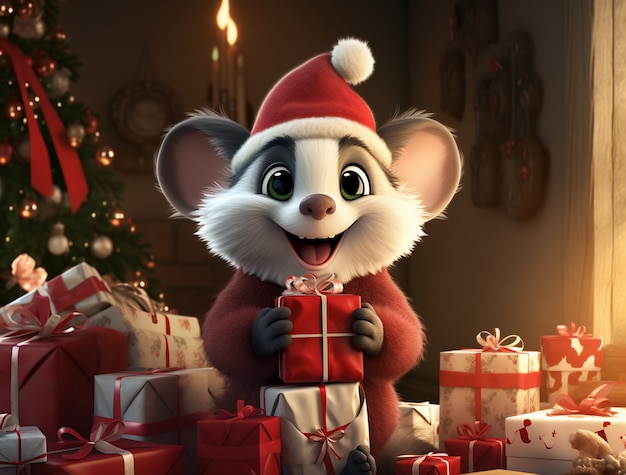 Photo gratuit un mignon opossum qui célèbre noël