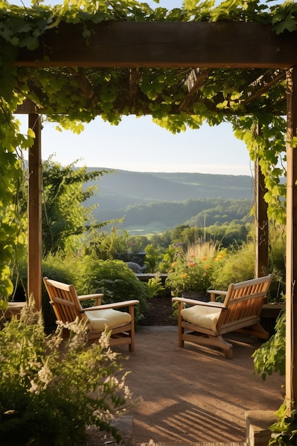 Photo gratuit mobilier de patio rustique sur le pont de la maison avec végétation