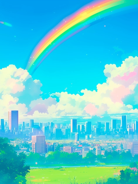 Photo gratuite le paysage de l'arc-en-ciel de l'anime