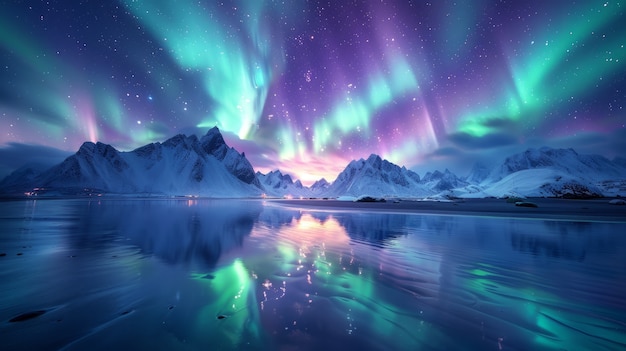 Photo gratuite le paysage de l'aurore boréale au-dessus de la mer