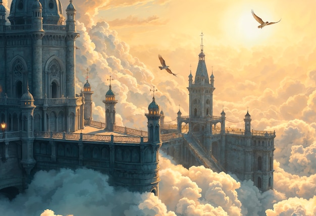 Photo gratuite paysage fantastique du château entouré de nuages illustration