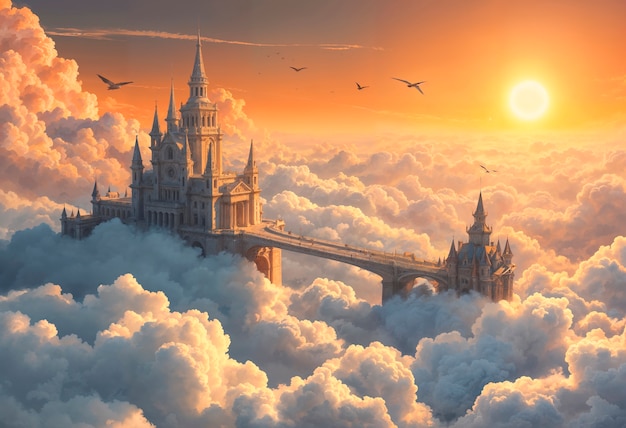 Photo gratuite paysage fantastique du château entouré de nuages illustration