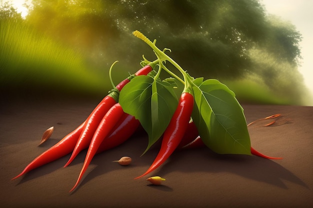 Photo gratuite une peinture de piments rouges avec des feuilles vertes sur une surface brune.