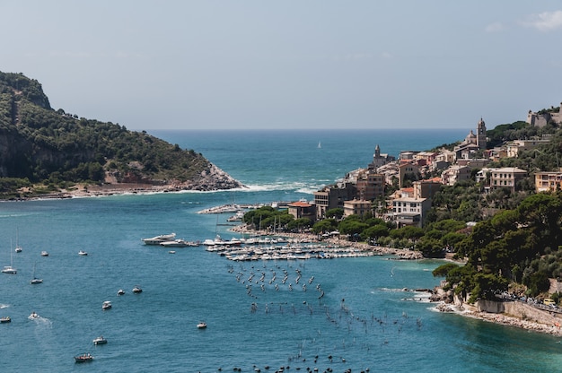 Photo gratuite photo de bâtiments colorés sur une colline entourée de verdure à palmaria porto, italie