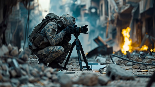 Photo gratuite photographe prenant des photos pour la journée mondiale de la photographie dans les zones de guerre et de conflit