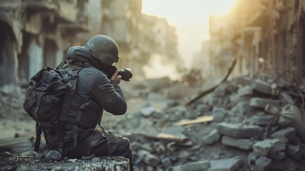 Photo gratuite photographe prenant des photos pour la journée mondiale de la photographie dans les zones de guerre et de conflit