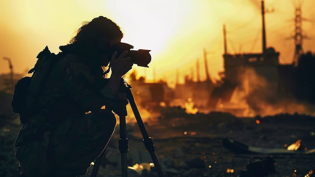 Photo gratuite photographe prenant des photos pour la journée mondiale de la photographie dans les zones de guerre et de conflit