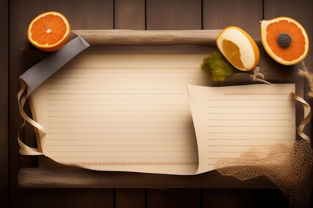 Photo gratuite un plateau en bois avec une feuille de papier avec une bouteille de jus d'orange et un verre de jus d'orange.