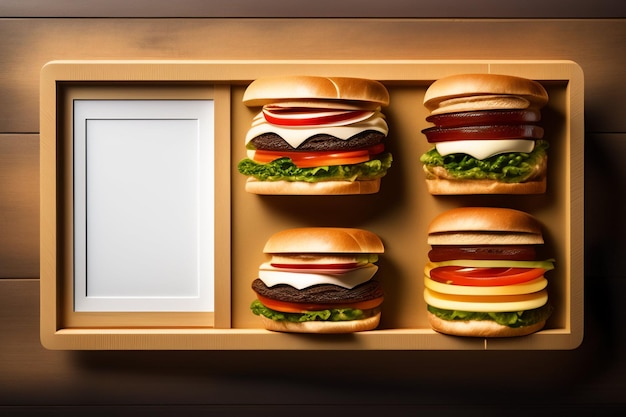 Photo gratuite un plateau de hamburgers avec un cadre photo qui dit 