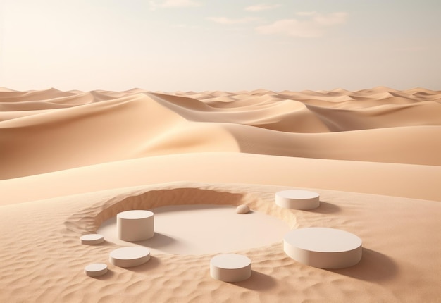 Photo gratuite podium sur fond de sable avec parasol et ombre sur le fond pour le parfum cosmétique fa