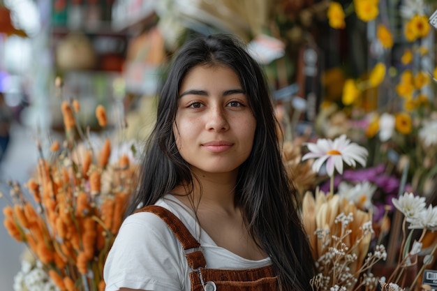 Photo gratuite portrait d'une femme travaillant dans un magasin de fleurs séchées