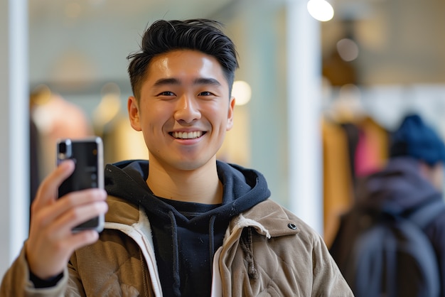 Photo gratuite portrait d'un jeune célébrant la journée mondiale de la photographie avec un appareil photo