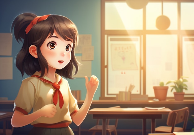 Photo gratuite portrait en style anime d'un jeune étudiant qui va à l'école