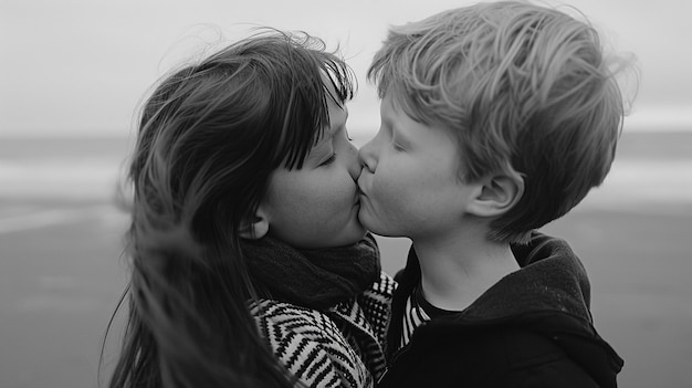 Photo gratuite des portraits d'embrassements en noir et blanc.