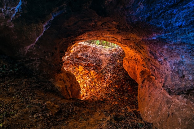 Photo gratuite prise de vue en contre-plongée d'un trou rond comme entrée de grotte