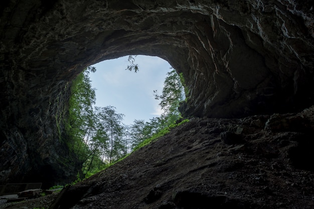 Photo gratuite prise de vue à faible angle de la sortie d'une grotte sombre à skrad, croatie