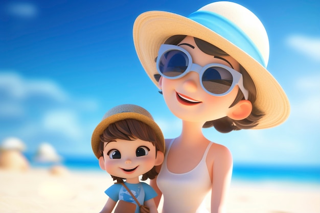 Photo gratuite rendering 3d d'un enfant avec un parent sur la plage