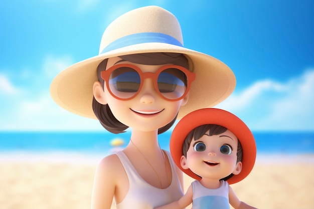 Photo gratuite rendering 3d d'un enfant avec un parent sur la plage