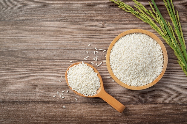 Photo gratuit riz dans un bol en bois et cuillère en bois avec plante de riz