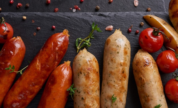 Photo gratuit saucisses et ingrédients pour la cuisine. saucisse grillée avec l'ajout d'herbes et d'épices