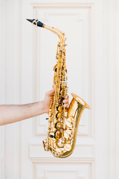 Photo gratuite saxophone doré tenu par personne