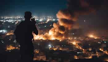 Photo gratuite silhouette d'un homme avec un appareil photo sur le fond d'une ville la nuit