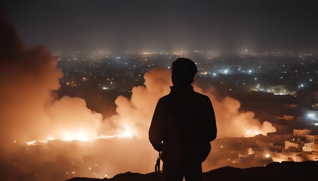 Photo gratuite silhouette d'un homme regardant la ville la nuit