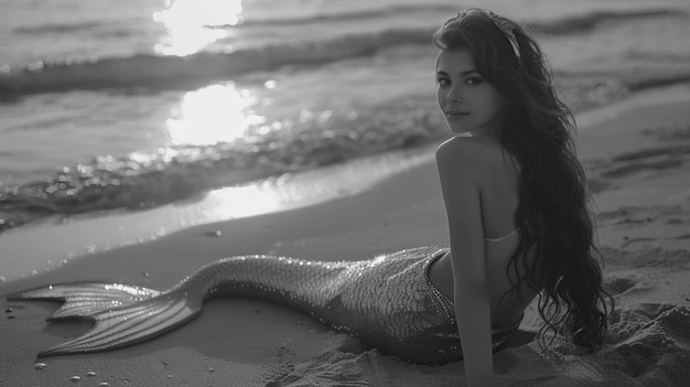 Photo gratuite la sirène noire et blanche dans l'eau