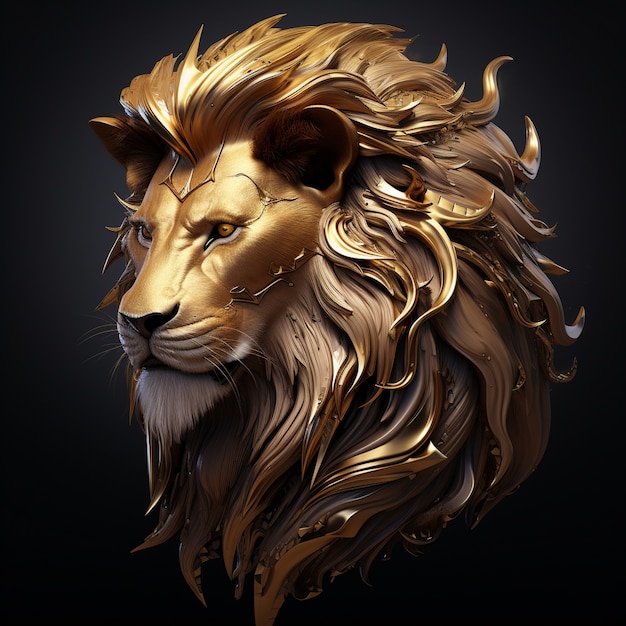 Tête de lion dorée 3D au look cool avec une longue crinière