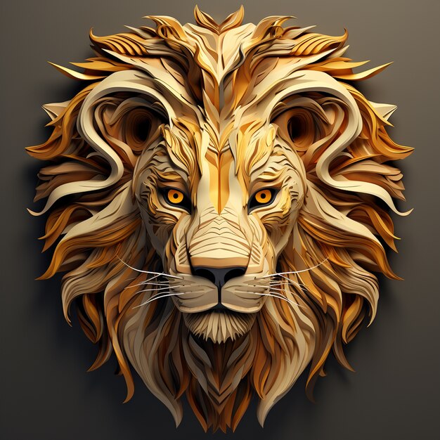 Tête de lion dorée 3D au look cool avec une longue crinière