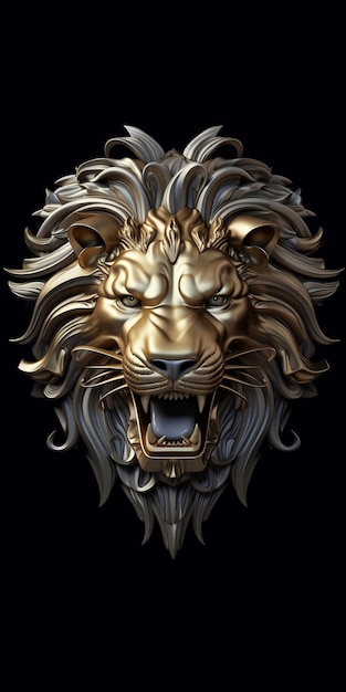 Photo gratuite tête de lion dorée 3d au look cool avec une longue crinière