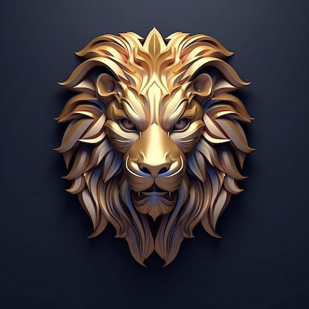 Tête de lion dorée 3D au look cool avec une longue crinière