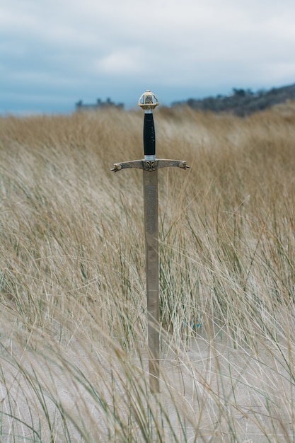 Photo gratuite tir vertical d'une épée dans la plage de sable