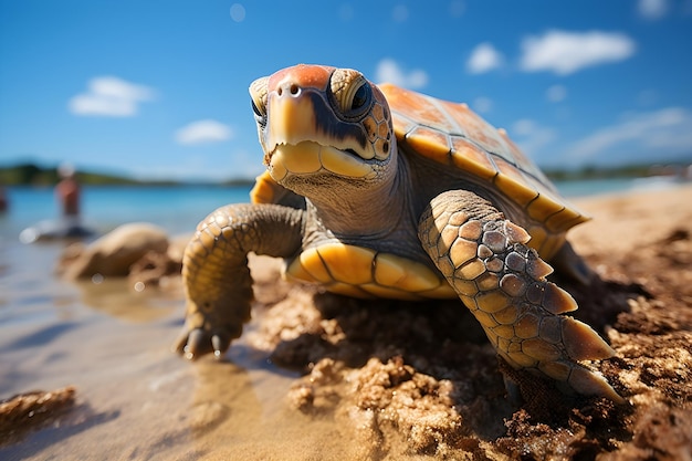 Photo gratuit tortue sur la plage à l'arrière-plan de la mer