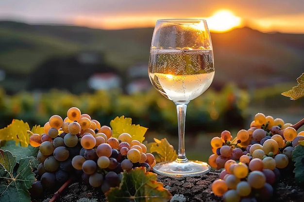 Photo gratuite un verre de vin avec une vue imprenable sur le vignoble au coucher du soleil